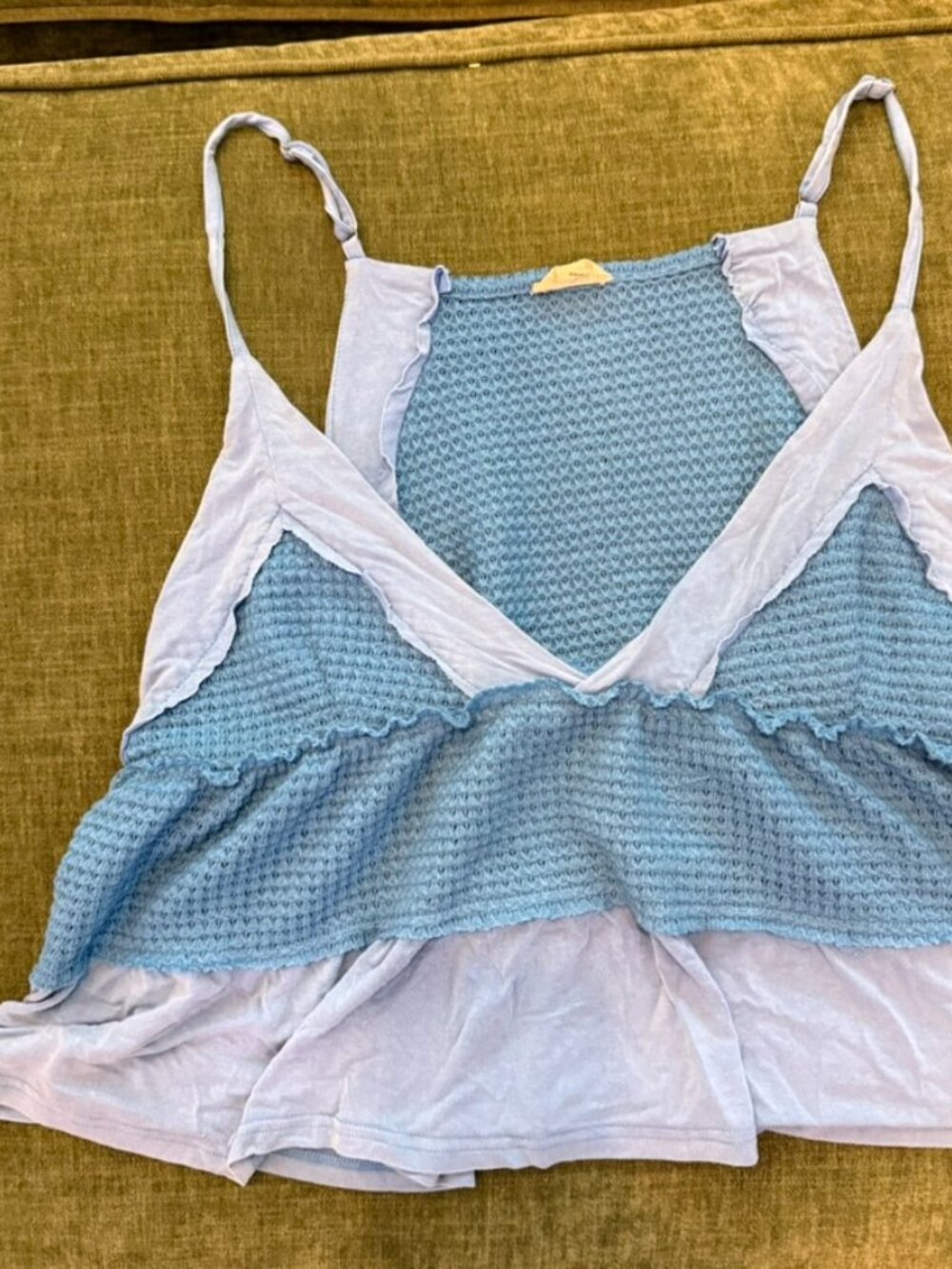 Pacific Blue Soft Waffle Knit Spaghetti Straps Babydoll Tank Top | POL - Picture 2 of 3